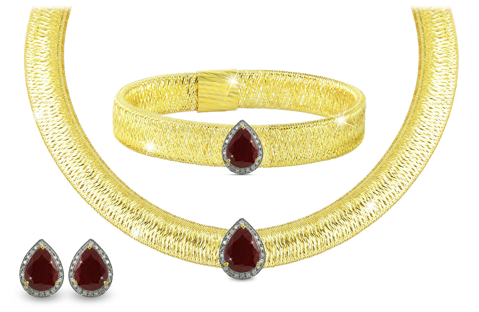Vera Perla 18K Gold 0.48ct Diamonds, Ruby Jewelry Set - 3 pcs.
